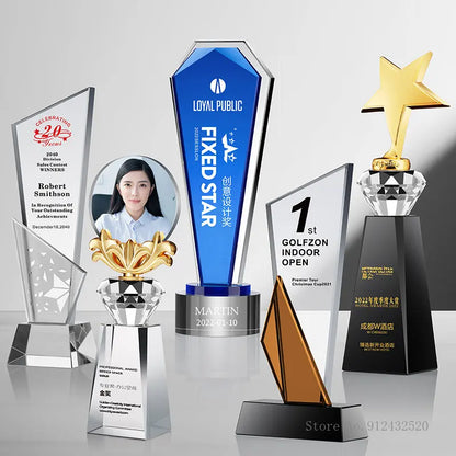 Customized Creative Crystal Trophy, High Honor Souvenir, Excellent Employee Enterprise Competition Awards, Blue, Home Decor, 1Pc
