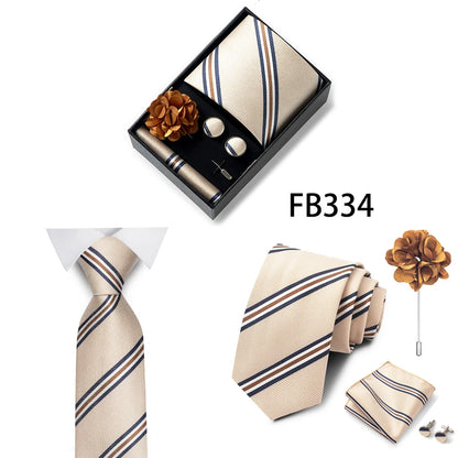 Luxurious Fashion Gift Box Men 8 cm Tie Sets Necktie Handkerchief Cufflinks Clip Brooch Set Golden Print Fit Wedding