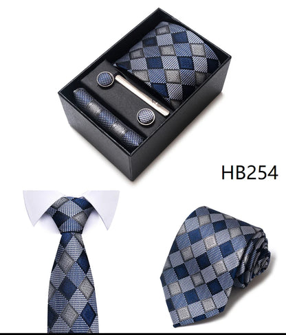 Hot Sale 8 cm Wide Tie Sets Blue Solid Men's Neck Tie Handkerchief Cufflinks Clip Box Wedding Gift Silk Handmade