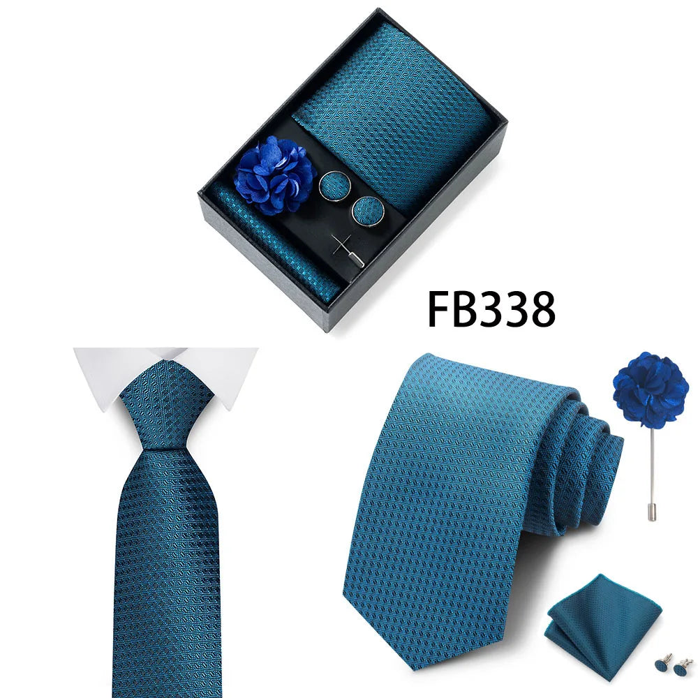 Luxurious Fashion Gift Box Men 8 cm Tie Sets Necktie Handkerchief Cufflinks Clip Brooch Set Golden Print Fit Wedding