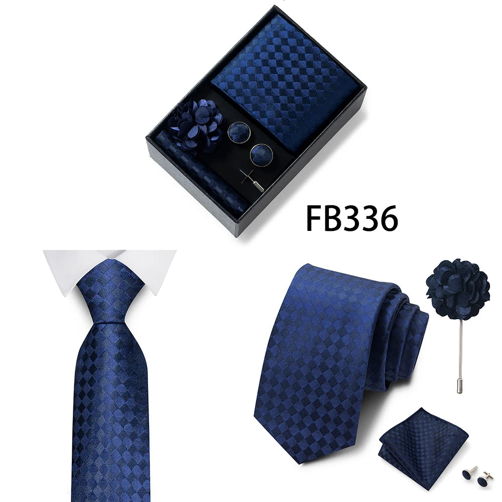Luxurious Fashion Gift Box Men 8 cm Tie Sets Necktie Handkerchief Cufflinks Clip Brooch Set Golden Print Fit Wedding