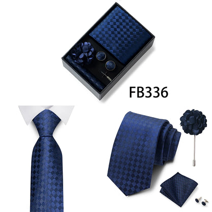 Luxurious Fashion Gift Box Men 8 cm Tie Sets Necktie Handkerchief Cufflinks Clip Brooch Set Golden Print Fit Wedding