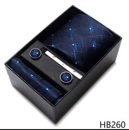 Hot Sale 8 cm Wide Tie Sets Blue Solid Men's Neck Tie Handkerchief Cufflinks Clip Box Wedding Gift Silk Handmade