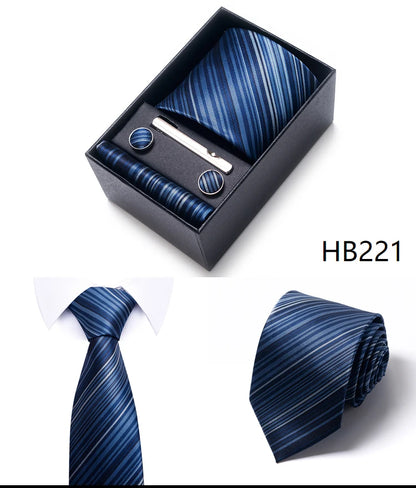 Hot Sale 8 cm Wide Tie Sets Blue Solid Men's Neck Tie Handkerchief Cufflinks Clip Box Wedding Gift Silk Handmade
