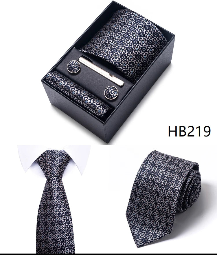 Hot Sale 8 cm Wide Tie Sets Blue Solid Men's Neck Tie Handkerchief Cufflinks Clip Box Wedding Gift Silk Handmade