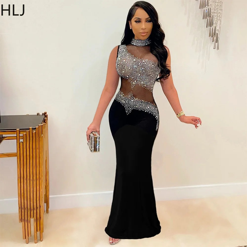 Sexy Luxury Rhinestone Mesh Patchwork Evening Party Dresses Women Round Neck Sleeveless Bodycon Vestidos Female Clothing New