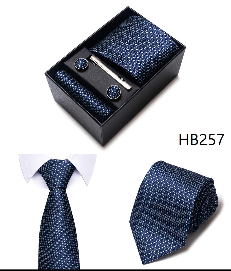 Hot Sale 8 cm Wide Tie Sets Blue Solid Men's Neck Tie Handkerchief Cufflinks Clip Box Wedding Gift Silk Handmade