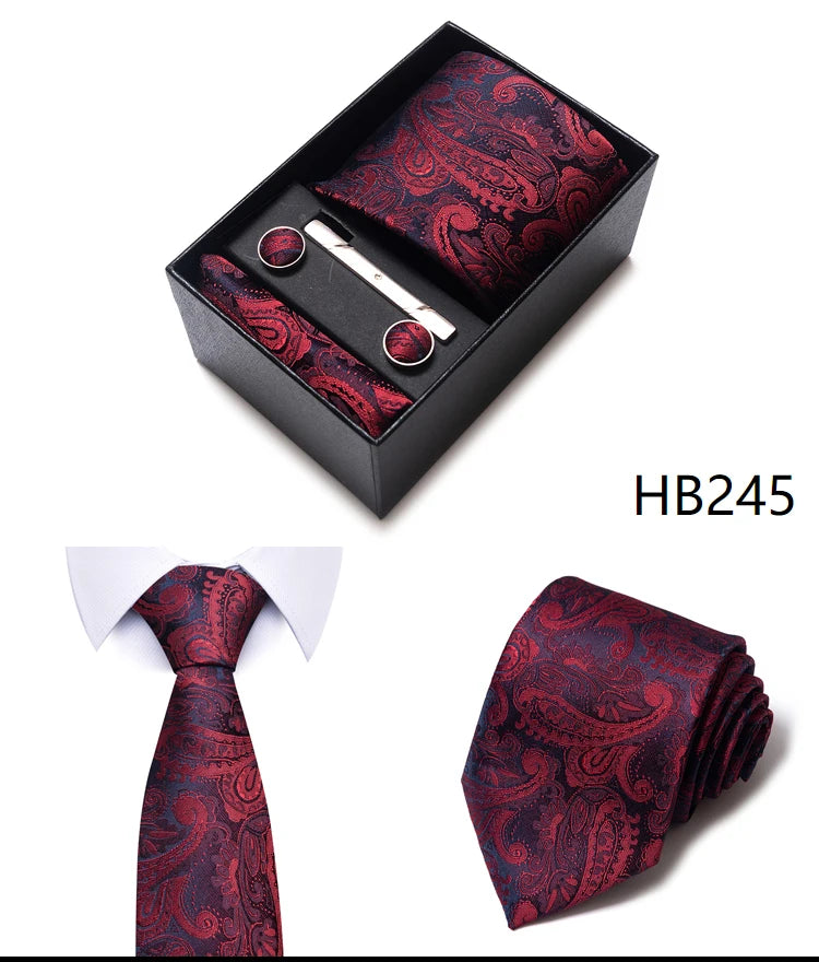 Hot Sale 8 cm Wide Tie Sets Blue Solid Men's Neck Tie Handkerchief Cufflinks Clip Box Wedding Gift Silk Handmade