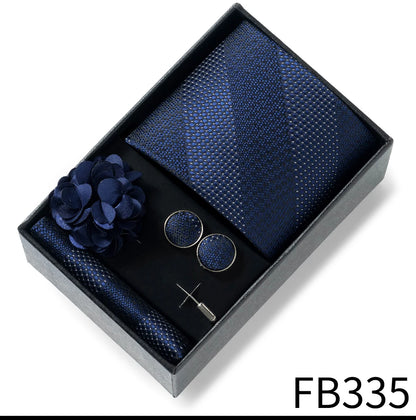 Luxurious Fashion Gift Box Men 8 cm Tie Sets Necktie Handkerchief Cufflinks Clip Brooch Set Golden Print Fit Wedding