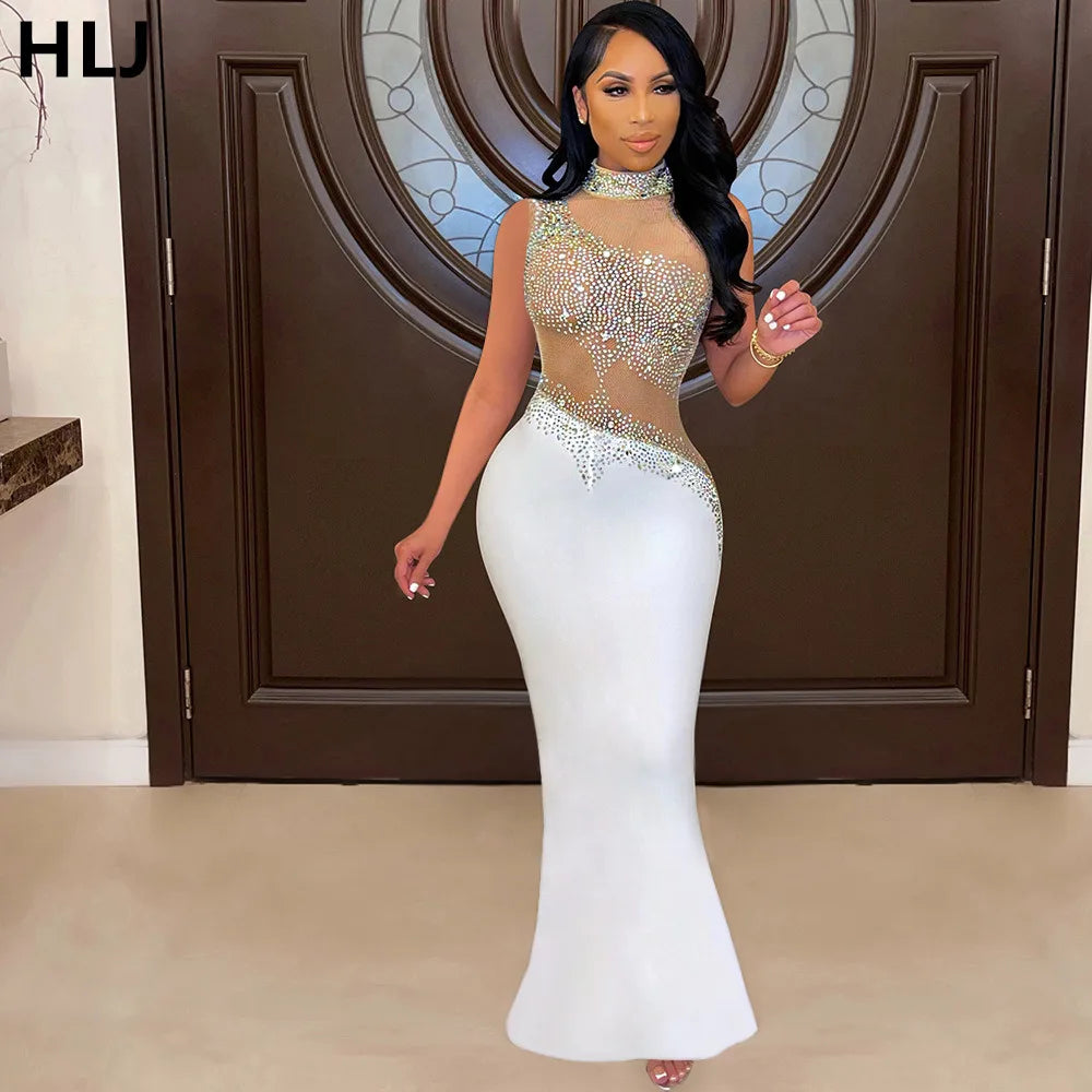 Sexy Luxury Rhinestone Mesh Patchwork Evening Party Dresses Women Round Neck Sleeveless Bodycon Vestidos Female Clothing New