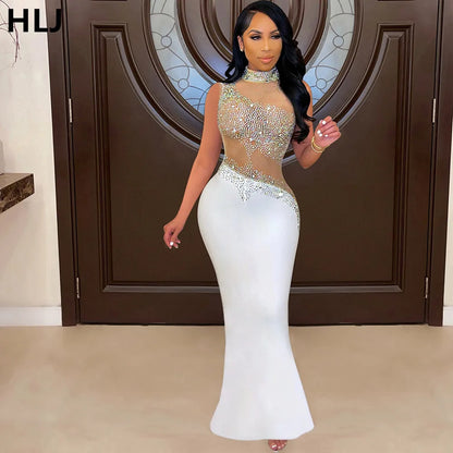 Sexy Luxury Rhinestone Mesh Patchwork Evening Party Dresses Women Round Neck Sleeveless Bodycon Vestidos Female Clothing New