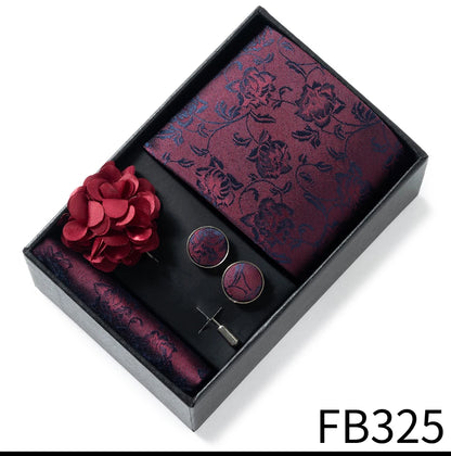 Luxurious Fashion Gift Box Men 8 cm Tie Sets Necktie Handkerchief Cufflinks Clip Brooch Set Golden Print Fit Wedding