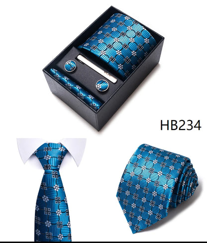 Hot Sale 8 cm Wide Tie Sets Blue Solid Men's Neck Tie Handkerchief Cufflinks Clip Box Wedding Gift Silk Handmade