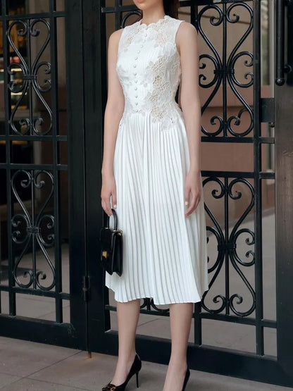 SMTHMA Women 2023 New Fashion White Sleeveless Summer Dress Ladies Lace Rose Embroidery Flower Elegant Long Dresses Vestidos