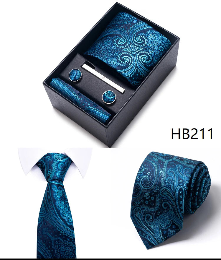 Hot Sale 8 cm Wide Tie Sets Blue Solid Men's Neck Tie Handkerchief Cufflinks Clip Box Wedding Gift Silk Handmade