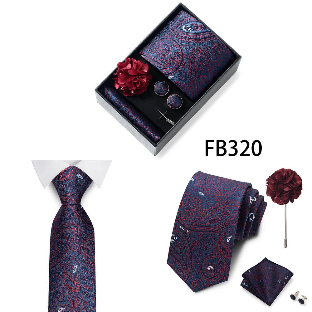 Luxurious Fashion Gift Box Men 8 cm Tie Sets Necktie Handkerchief Cufflinks Clip Brooch Set Golden Print Fit Wedding