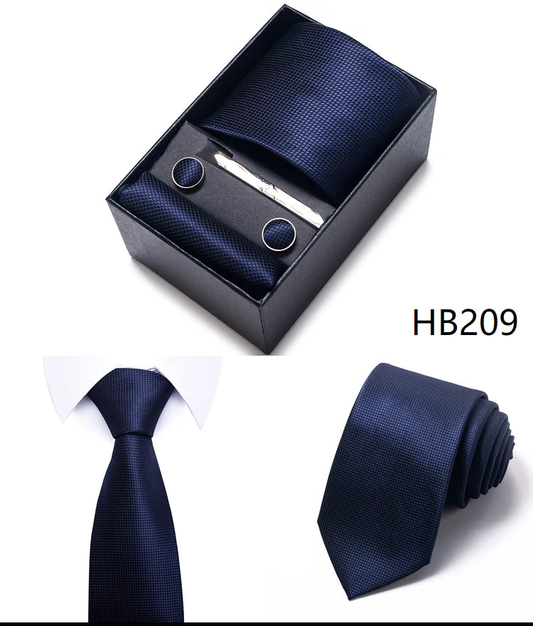 Hot Sale 8 cm Wide Tie Sets Blue Solid Men's Neck Tie Handkerchief Cufflinks Clip Box Wedding Gift Silk Handmade