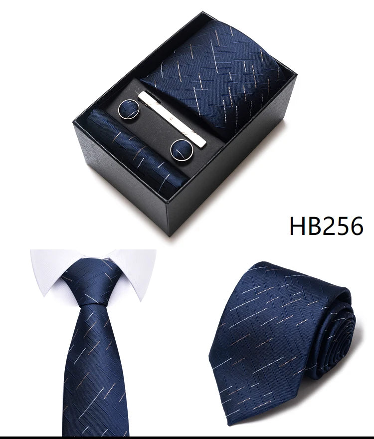 Hot Sale 8 cm Wide Tie Sets Blue Solid Men's Neck Tie Handkerchief Cufflinks Clip Box Wedding Gift Silk Handmade