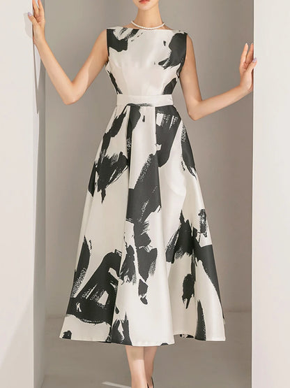 New Summer Casual Elegant Print Midi Party Dress Women Sleeveless Vintage A-Line Beach Maxi Retro Sundress Female Vestidos
