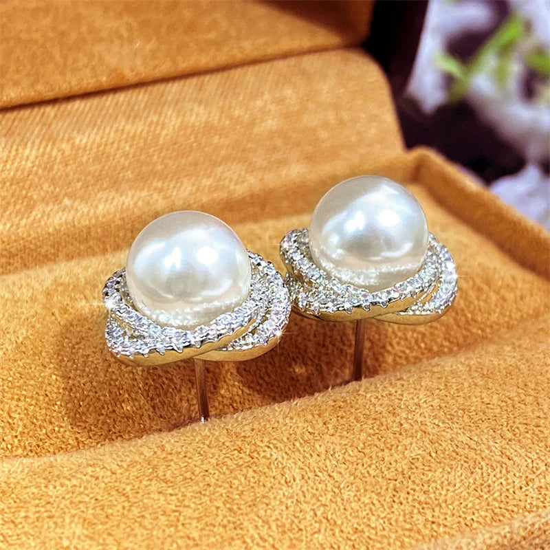 Huitan Shiny Imitation Pearl Stud Earrings Fashion Cross Design Aesthetic Women Ear Piercing Accessories Wedding Party Jewelry