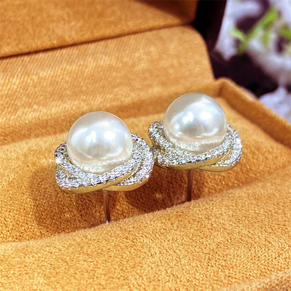 Huitan Shiny Imitation Pearl Stud Earrings Fashion Cross Design Aesthetic Women Ear Piercing Accessories Wedding Party Jewelry