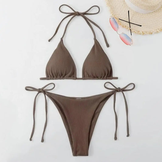 2Pcs/Set Women Bathing Suit Ribbed Backless Pads Women Bikini Set Halter Triangle Bra Side Tie Thong Swimwear Women's Clothing
