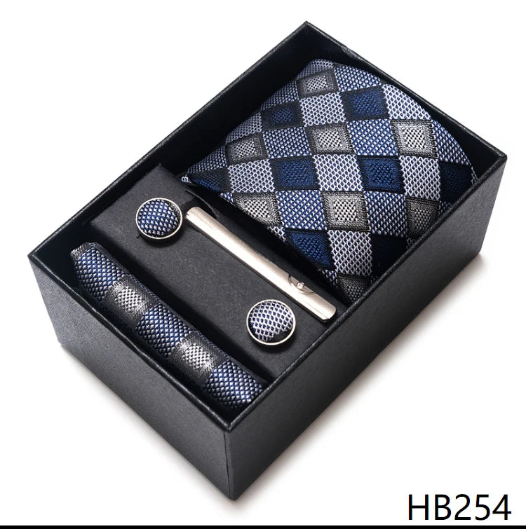 Hot Sale 8 cm Wide Tie Sets Blue Solid Men's Neck Tie Handkerchief Cufflinks Clip Box Wedding Gift Silk Handmade