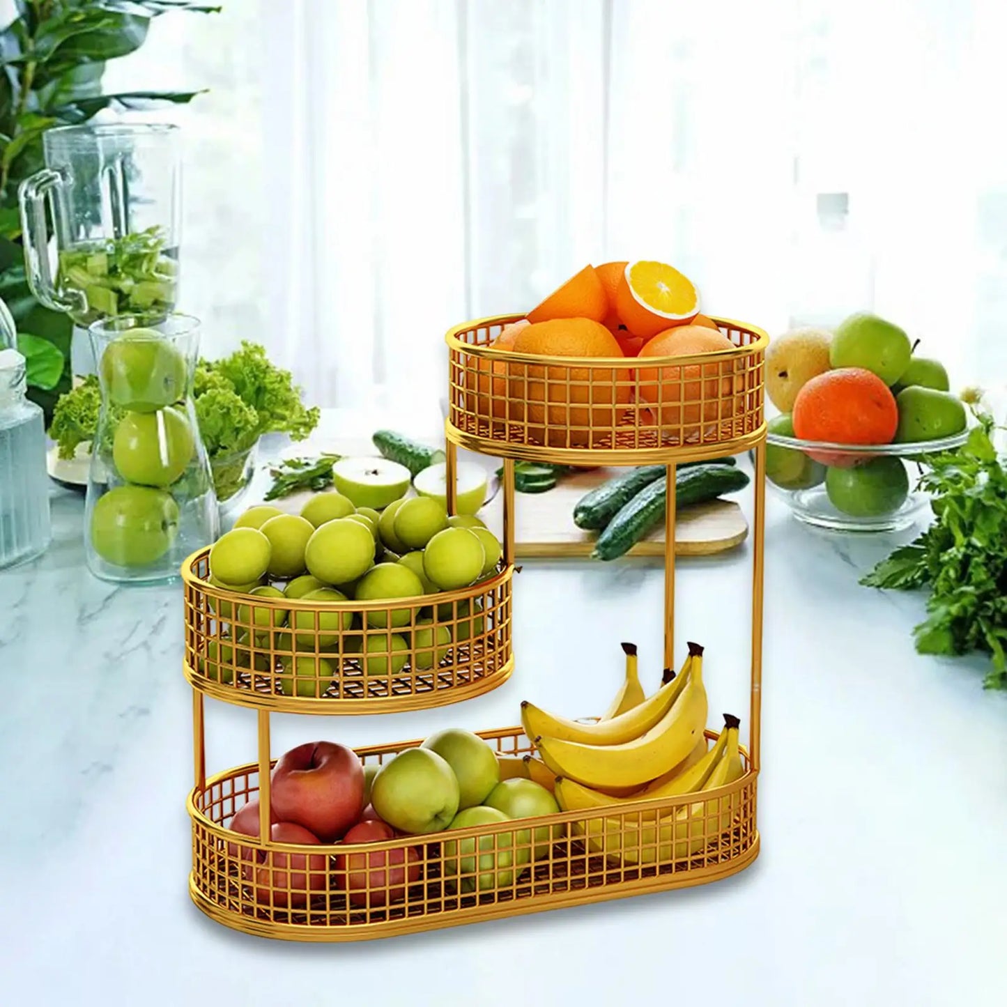 Countertop Fruit Basket Serving Stand, Counter Top Serving Tray, Space Saving Stand Serving Bowl Metal Wire Storage Basket