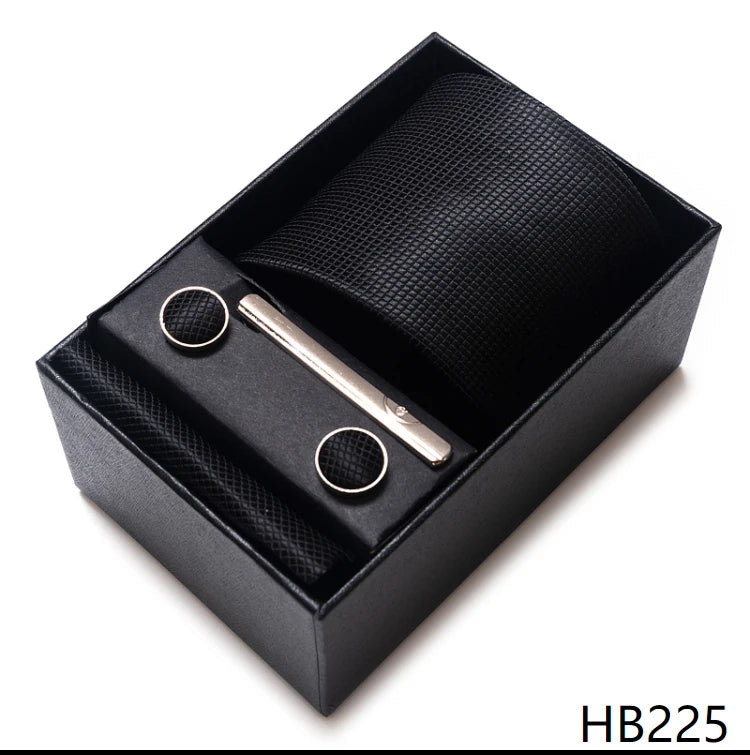 Hot Sale 8 cm Wide Tie Sets Blue Solid Men's Neck Tie Handkerchief Cufflinks Clip Box Wedding Gift Silk Handmade
