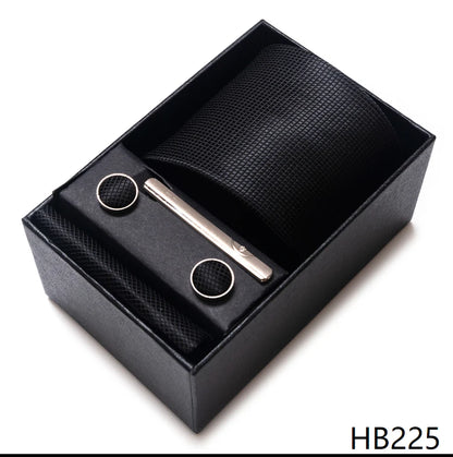 Hot Sale 8 cm Wide Tie Sets Blue Solid Men's Neck Tie Handkerchief Cufflinks Clip Box Wedding Gift Silk Handmade