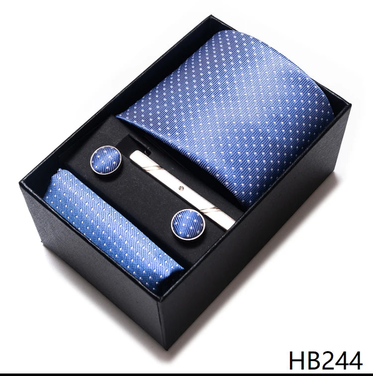Hot Sale 8 cm Wide Tie Sets Blue Solid Men's Neck Tie Handkerchief Cufflinks Clip Box Wedding Gift Silk Handmade