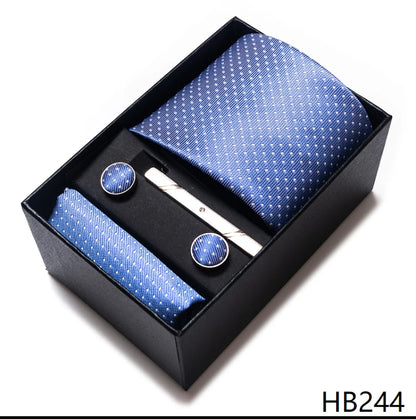 Hot Sale 8 cm Wide Tie Sets Blue Solid Men's Neck Tie Handkerchief Cufflinks Clip Box Wedding Gift Silk Handmade