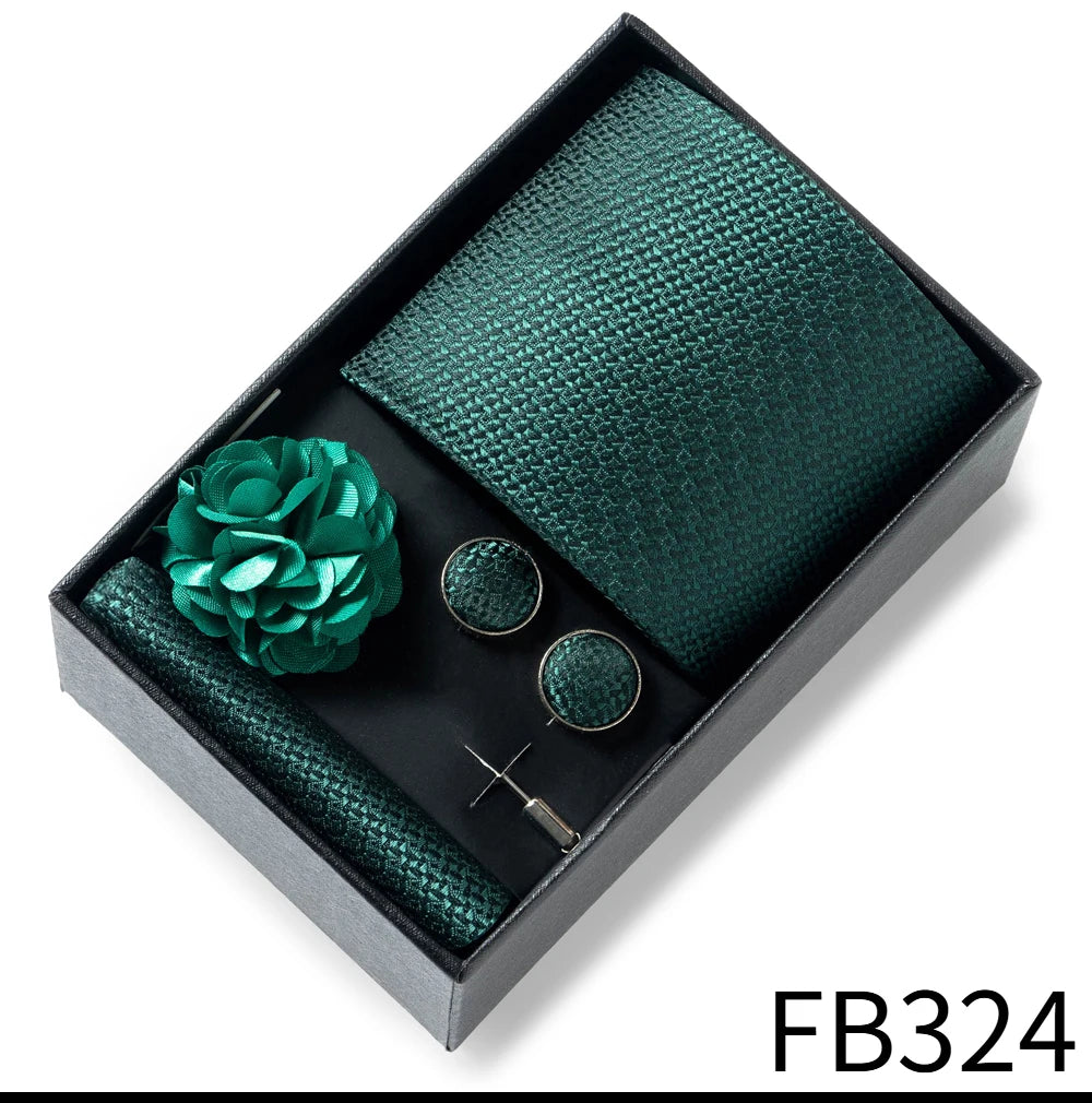 Luxurious Fashion Gift Box Men 8 cm Tie Sets Necktie Handkerchief Cufflinks Clip Brooch Set Golden Print Fit Wedding