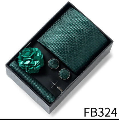 Luxurious Fashion Gift Box Men 8 cm Tie Sets Necktie Handkerchief Cufflinks Clip Brooch Set Golden Print Fit Wedding
