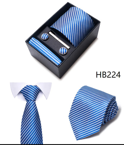 Hot Sale 8 cm Wide Tie Sets Blue Solid Men's Neck Tie Handkerchief Cufflinks Clip Box Wedding Gift Silk Handmade