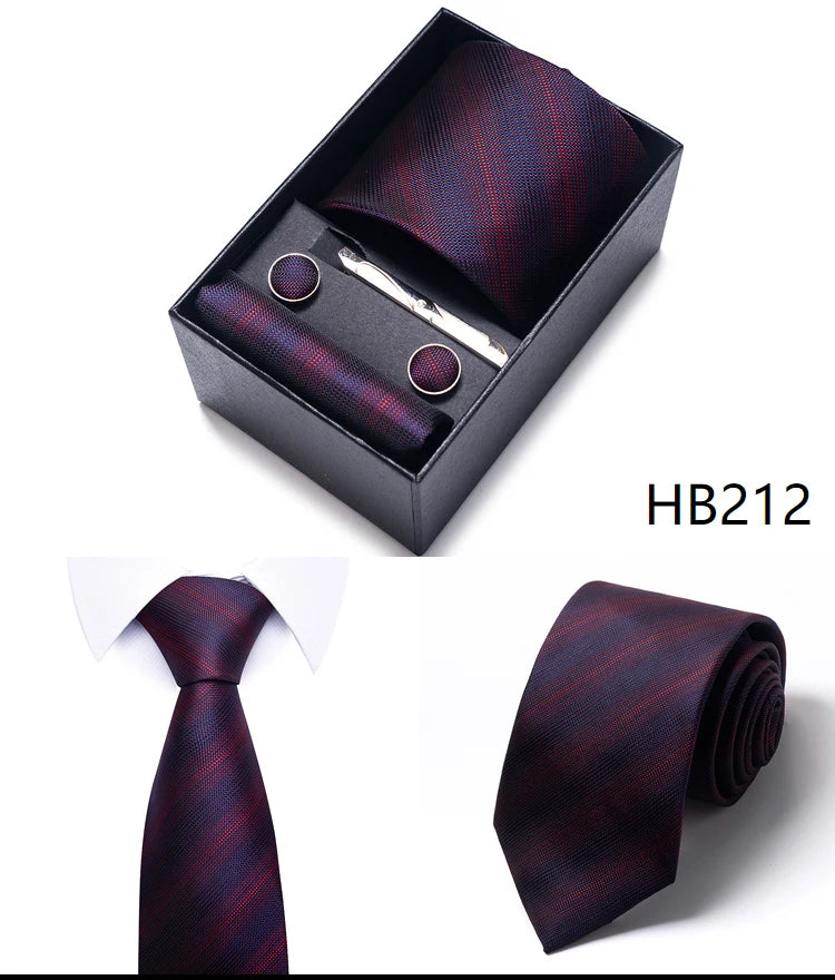 Hot Sale 8 cm Wide Tie Sets Blue Solid Men's Neck Tie Handkerchief Cufflinks Clip Box Wedding Gift Silk Handmade