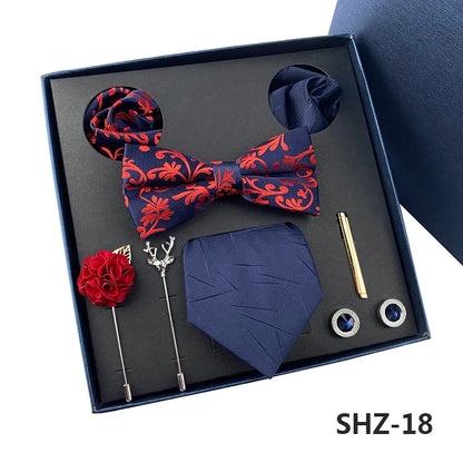 Men's Tie Set Gift Box Fashion Brand Bowtie Pocket Squares Brooch Cufflinks Clip Suit For Men Business Necktie Wedding Party Tie