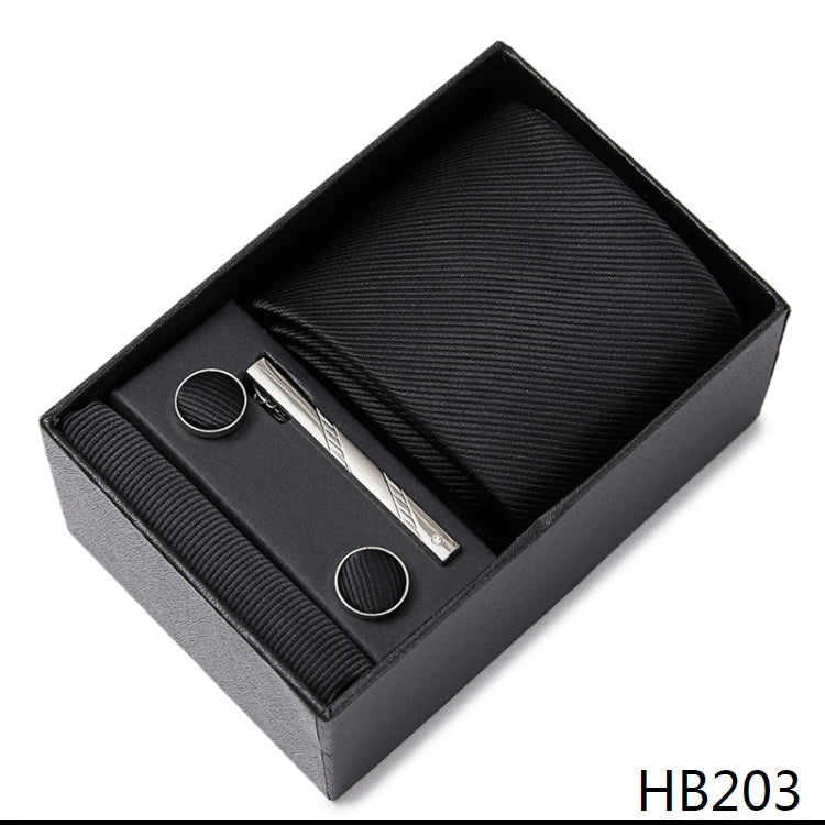 Hot Sale 8 cm Wide Tie Sets Blue Solid Men's Neck Tie Handkerchief Cufflinks Clip Box Wedding Gift Silk Handmade