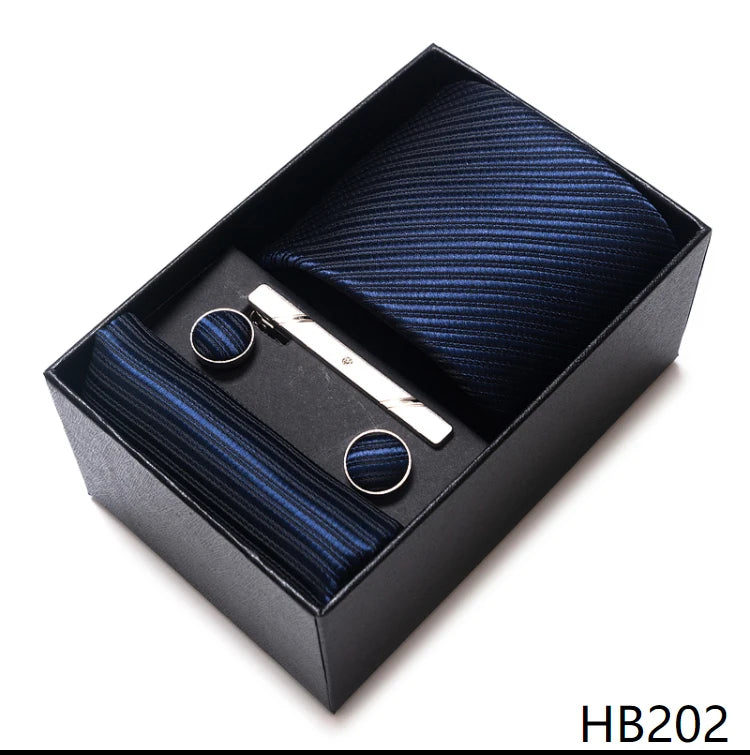 Hot Sale 8 cm Wide Tie Sets Blue Solid Men's Neck Tie Handkerchief Cufflinks Clip Box Wedding Gift Silk Handmade