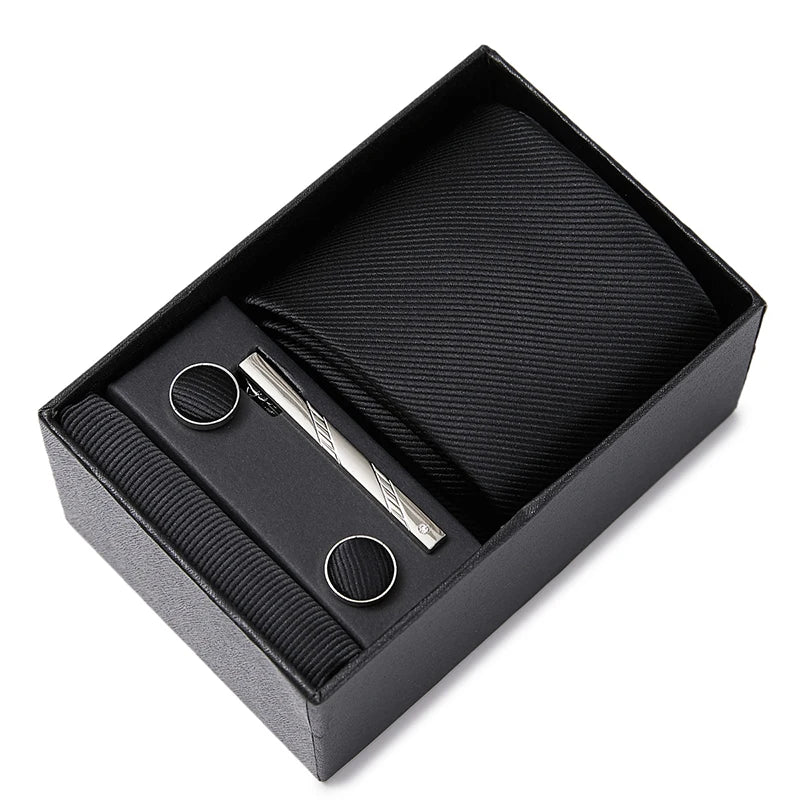 Hot Sale 8 cm Wide Tie Sets Blue Solid Men's Neck Tie Handkerchief Cufflinks Clip Box Wedding Gift Silk Handmade