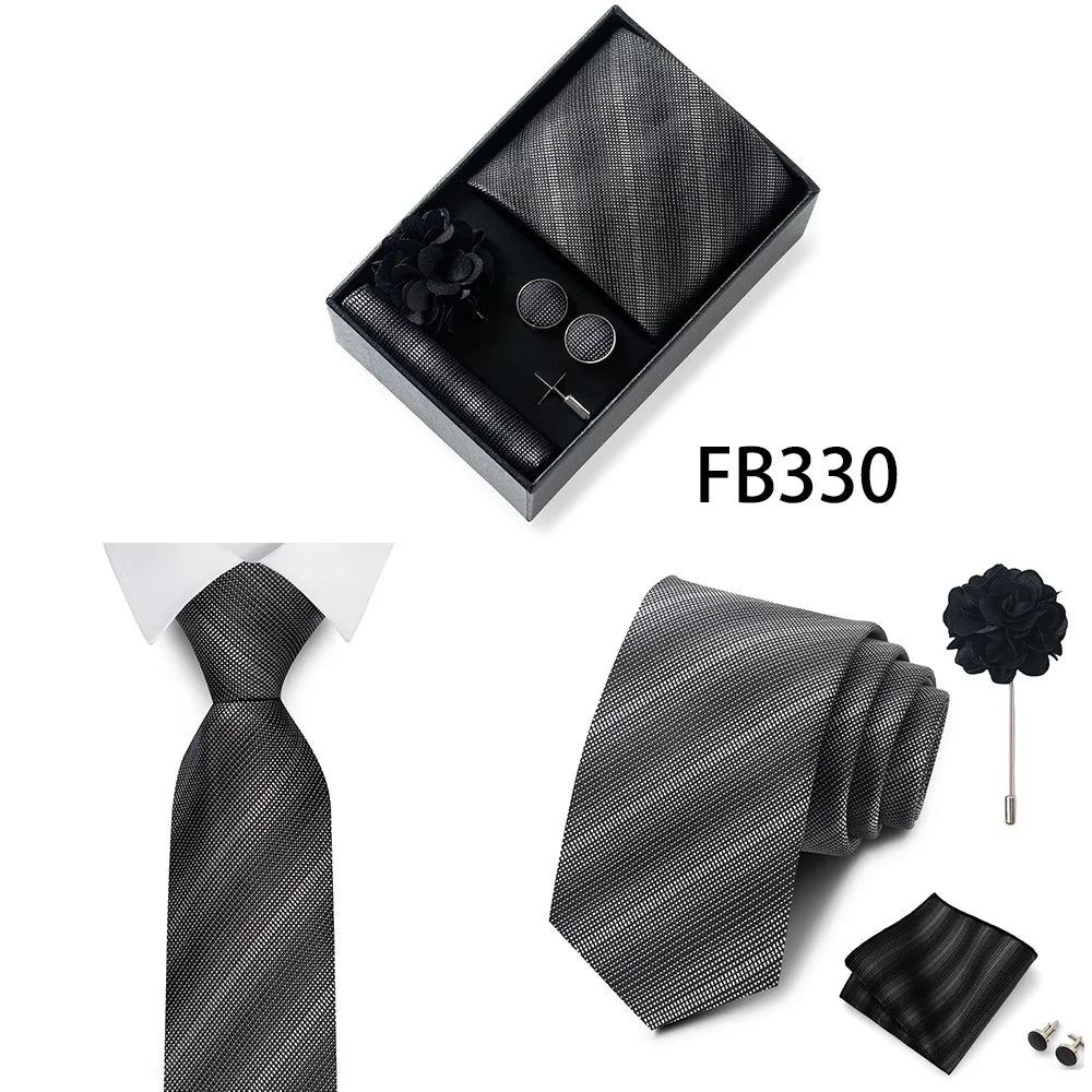 Luxurious Fashion Gift Box Men 8 cm Tie Sets Necktie Handkerchief Cufflinks Clip Brooch Set Golden Print Fit Wedding