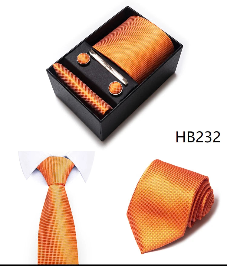 Hot Sale 8 cm Wide Tie Sets Blue Solid Men's Neck Tie Handkerchief Cufflinks Clip Box Wedding Gift Silk Handmade