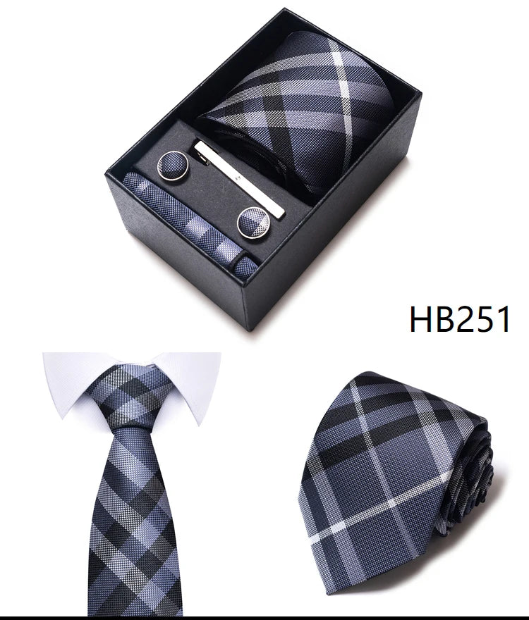 Hot Sale 8 cm Wide Tie Sets Blue Solid Men's Neck Tie Handkerchief Cufflinks Clip Box Wedding Gift Silk Handmade