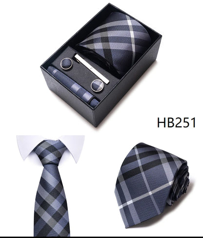 Hot Sale 8 cm Wide Tie Sets Blue Solid Men's Neck Tie Handkerchief Cufflinks Clip Box Wedding Gift Silk Handmade