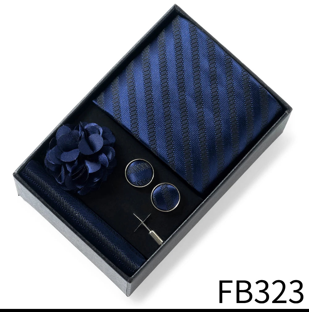 Luxurious Fashion Gift Box Men 8 cm Tie Sets Necktie Handkerchief Cufflinks Clip Brooch Set Golden Print Fit Wedding