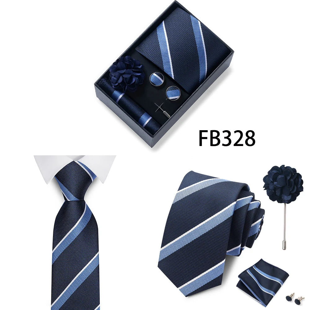 Luxurious Fashion Gift Box Men 8 cm Tie Sets Necktie Handkerchief Cufflinks Clip Brooch Set Golden Print Fit Wedding