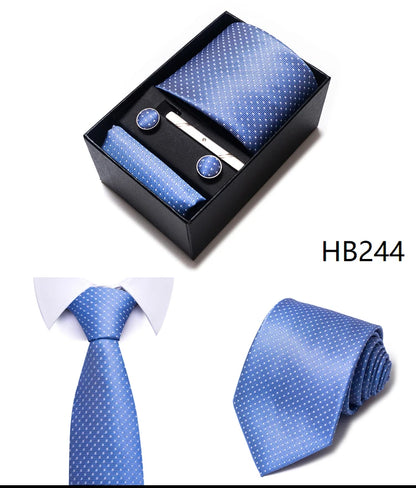Hot Sale 8 cm Wide Tie Sets Blue Solid Men's Neck Tie Handkerchief Cufflinks Clip Box Wedding Gift Silk Handmade