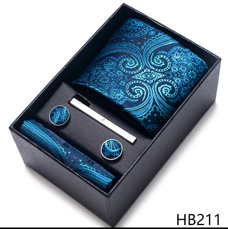 Hot Sale 8 cm Wide Tie Sets Blue Solid Men's Neck Tie Handkerchief Cufflinks Clip Box Wedding Gift Silk Handmade