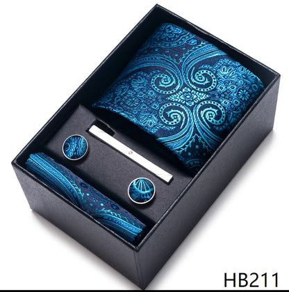 Hot Sale 8 cm Wide Tie Sets Blue Solid Men's Neck Tie Handkerchief Cufflinks Clip Box Wedding Gift Silk Handmade