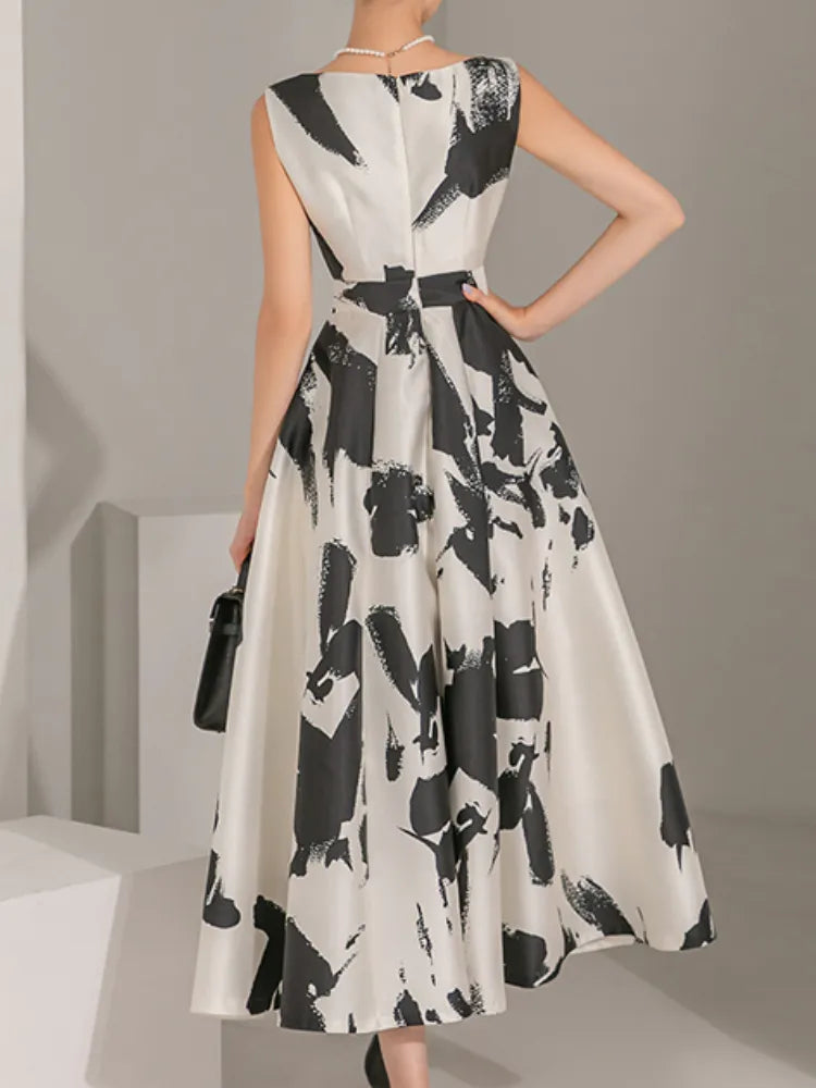 New Summer Casual Elegant Print Midi Party Dress Women Sleeveless Vintage A-Line Beach Maxi Retro Sundress Female Vestidos